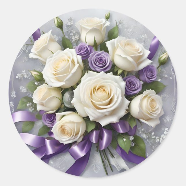 Sticker Rond Bouquet de roses blanches et lilas, rubans lilas (Devant)