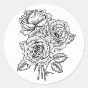 Sticker Rond Bouquet de roses en noir et blanc