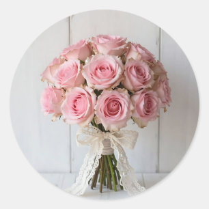 Sticker Rond Bouquet de roses roses en dentelle de perle romant