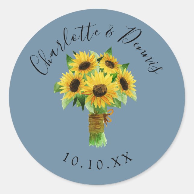 Sticker Rond Bouquet de tournesol aquarelle et mariage bleu (Devant)