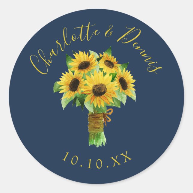 Sticker Rond Bouquet de tournesol aquarelle et mariage marine (Devant)