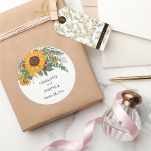 Sticker Rond Bouquet de tournesol Floral Couple Nom Mariage