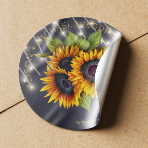 Sticker Rond Bouquet de tournesol mariage en damier rustique