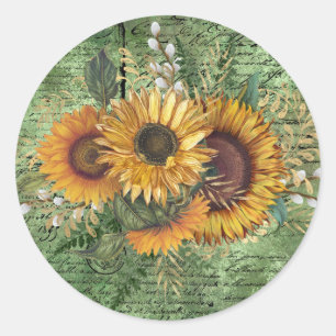 Sticker Rond Bouquet de tournesol vintage Ephémère verte