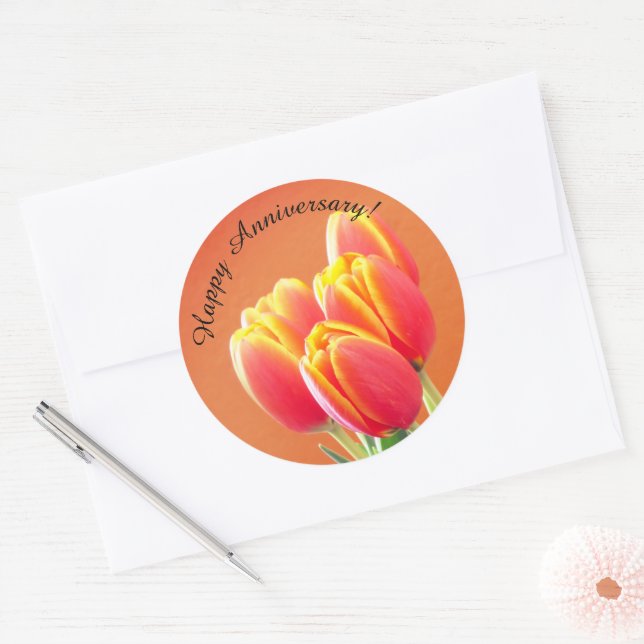 Sticker Rond Bouquet de tulipes orange pour Joyeux Anniversaire (Enveloppe)