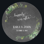 Sticker Rond Bouquet De Verdure Heureux Jamais Après Chalkboard<br><div class="desc">Sur un arrière - plan en damier texturé, j'ai ajouté un bouquet artistique désordonné de vaporisateurs de verdure aquarelle. Le centre a été recouvert d'un badge à damier bordé qui fait un cadre parfait pour vos détails personnels ; les espaces réservés modèles ont été mis en place pour vos noms...</div>