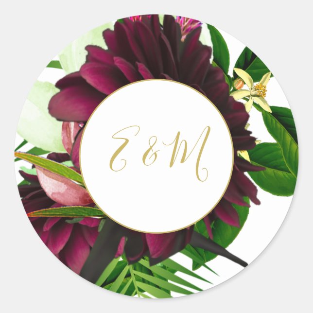 Sticker Rond Bouquet d'or de Bourgogne Monogramme Mariage moder (Devant)