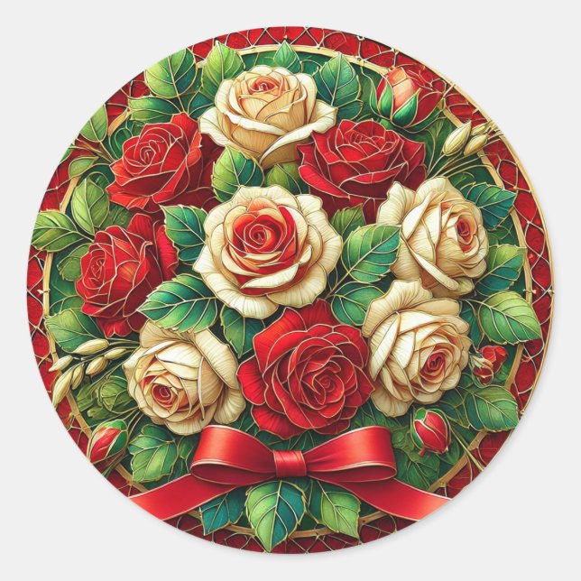 Sticker Rond Bouquet Élégant de Roses Rouges et Blanches 🌹 Rom (Devant)