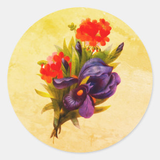 Sticker Rond Bouquet Fleur Iris Bleu Art Vintage
