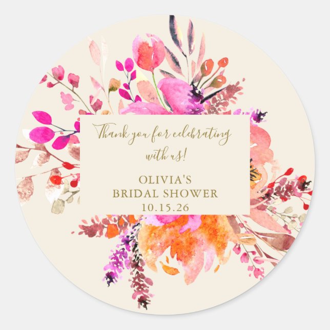 Sticker Rond Bouquet floral aquarelle rose Shower de mariage (Devant)