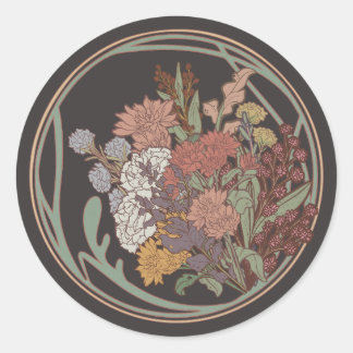 Sticker Rond Bouquet floral Art Nouveau foncé et Moody