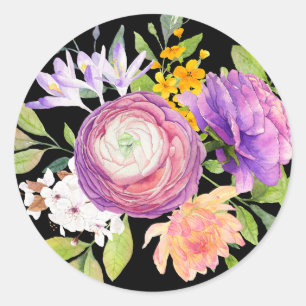 Sticker Rond Bouquet floral aux couleurs vives sur fond noir