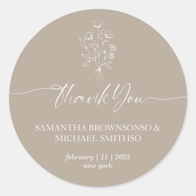 Sticker Rond Bouquet floral beige marron Merci (Devant)