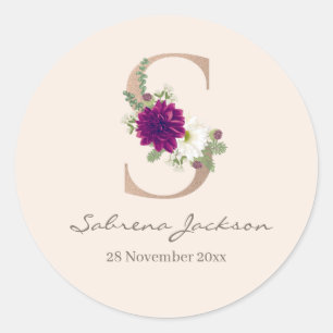 Sticker Rond Bouquet floral Dahlia rose or monogramme S