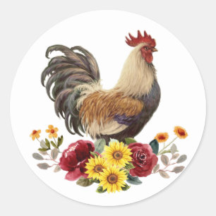 Sticker Rond Bouquet floral de coq au poulet aquarelle
