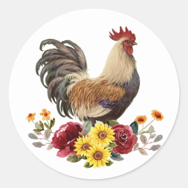 Sticker Rond Bouquet floral de coq au poulet aquarelle (Devant)