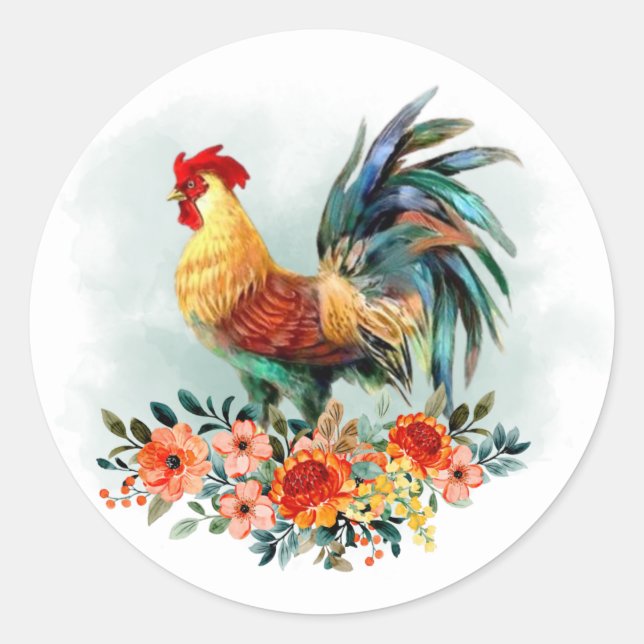 Sticker Rond Bouquet floral de coq au poulet aquarelle (Devant)