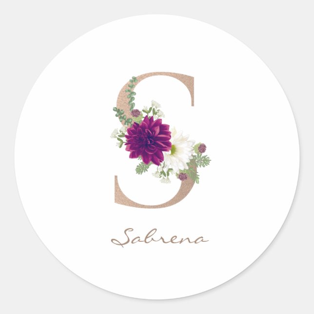 Sticker Rond Bouquet floral de dahlia lettre monogramme or rose (Devant)