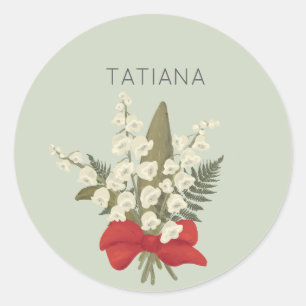 Sticker Rond Bouquet floral de muguet personnalisé avec nom