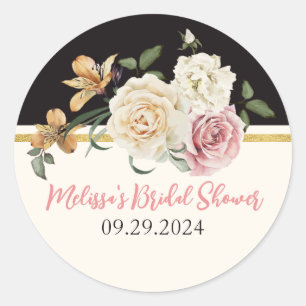 Sticker Rond Bouquet floral noir, ivoire et or