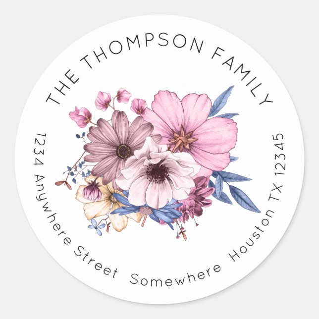 Sticker Rond Bouquet floral rose Nom de retour Adresse (Devant)