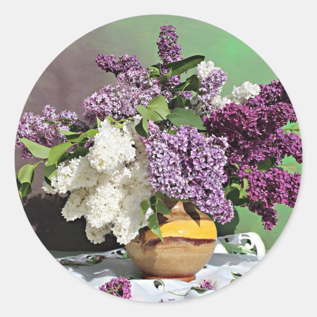 Sticker Rond Bouquet Floral violet et blanc Lilacs Photo (Devant)