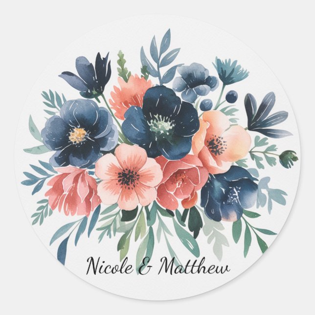 Sticker Rond Bouquet Mariage bleu et corail (Devant)