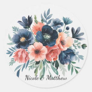 Sticker Rond Bouquet Mariage bleu et corail