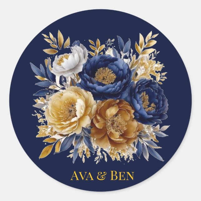Sticker Rond Bouquet Mariage Marine Et Gold Watercolor Peony (Devant)