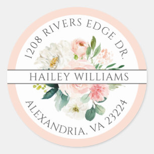 Sticker Rond Bouquet rose et blanc noir Adresse de retour