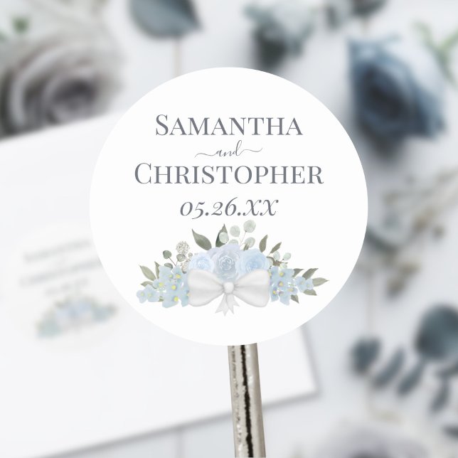 Sticker Rond Bouquet Roses et fleurs bleu Dusty Mariage simple (Créateur téléchargé)