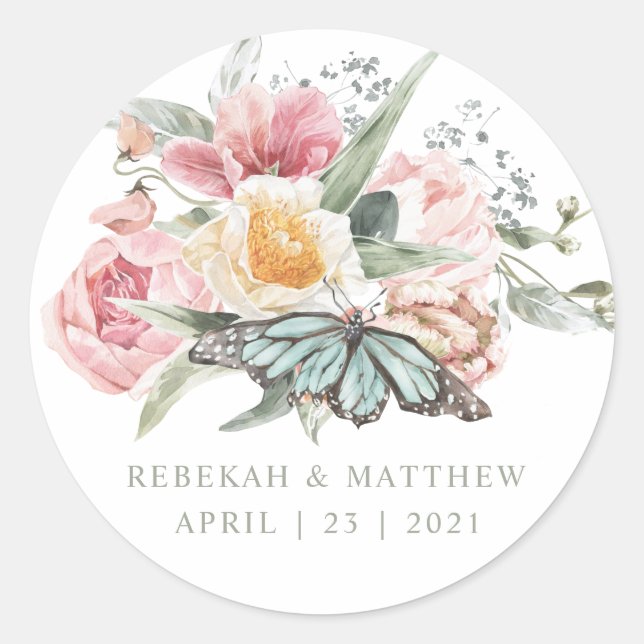 Sticker Rond Bouquet Spring | Tulipe et papillon aquarelle (Devant)