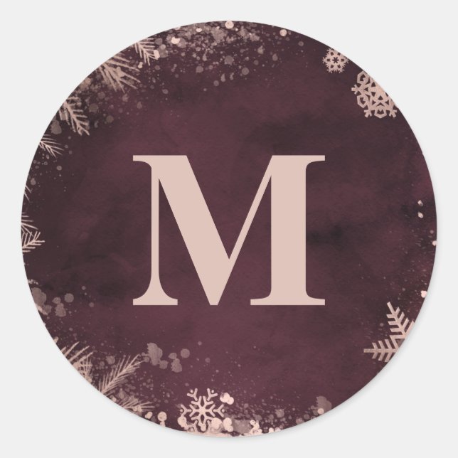 Sticker Rond Bourgogne avec monogramme Rose Gold Winter Wedding (Devant)