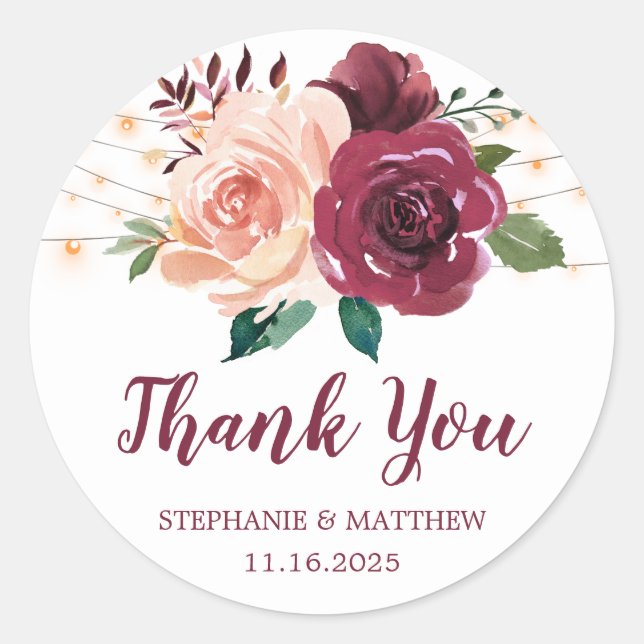 Sticker Rond Bourgogne Blush Floral Lights Mariage Merci (Devant)