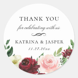 Sticker Rond Bourgogne Blush Floral Wedding Favoriser