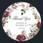 Sticker Rond Bourgogne & Blush Floral Wedding Favoriser<br><div class="desc">Elégant bordeaux et floral mariage merci pour les autocollants ronds.</div>