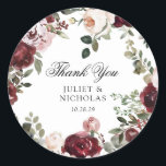 Sticker Rond Bourgogne & Blush Floral Wedding Favoriser<br><div class="desc">Elégant bordeaux et floral mariage merci pour les autocollants ronds.</div>