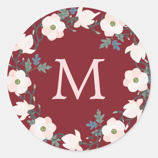 Sticker Rond Bourgogne Blush Wreath Monogramme Noël (Devant)