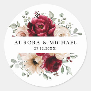 Sticker Rond Bourgogne Champagne Ivory Mauve Rose Floral Mariag
