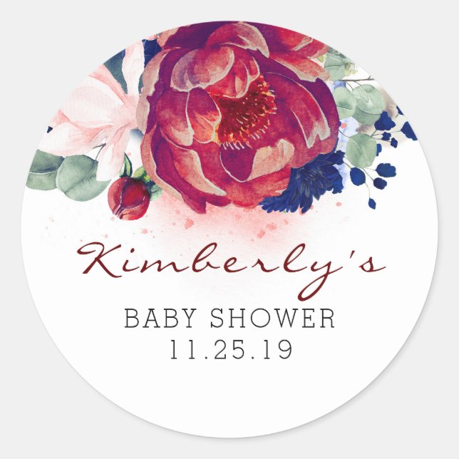 Sticker Rond Bourgogne et Baby shower floral bleu marine (Devant)