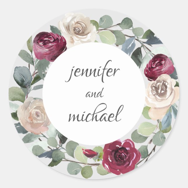 Sticker Rond Bourgogne et blanc Aquarelle Rose Florale (Devant)