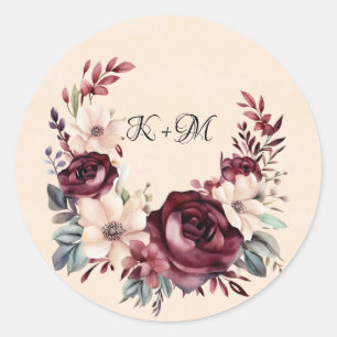 Sticker Rond Bourgogne et crème Aquarelle Rose Mariage