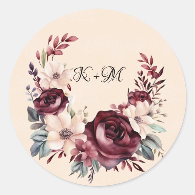 Sticker Rond Bourgogne et crème Aquarelle Rose Mariage (Devant)