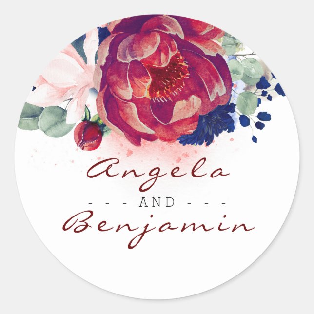 Sticker Rond Bourgogne et Mariage floral bleu marine (Devant)