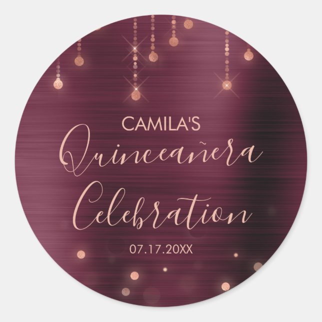 Sticker Rond Bourgogne et Rose Gold Quinceanera Party (Devant)
