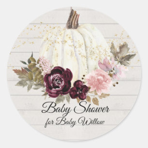 Sticker Rond Bourgogne Floral Citrouille Gold Baby shower en bo