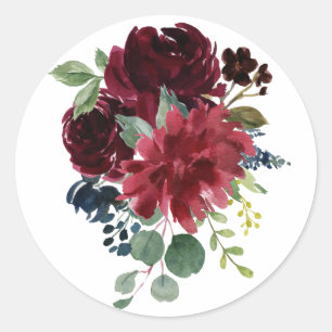 Sticker Rond Bourgogne Floral Elégant Aquarelle Moderne