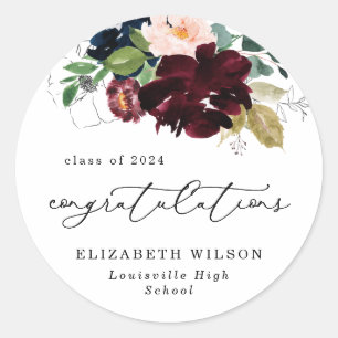 Sticker Rond Bourgogne Florales Bleues Félicitations Graduation