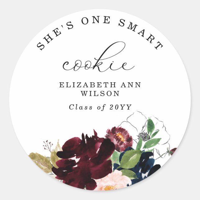 Sticker Rond Bourgogne Florals She's One Smart Cookie Graduatio (Devant)