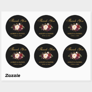Sticker Rond Bourgogne Mariage Floral Merci Or Noir